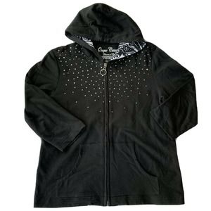 Onque Casuals Jacket Sz M Black Zip Up Rhinestone 3/4 Sleeve Hooded Embellished